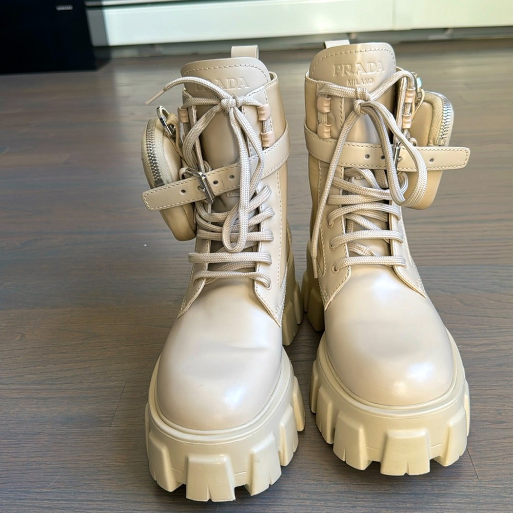 Prada lace up Monolith leather & Re-Nylon platform boots with zipper pouch